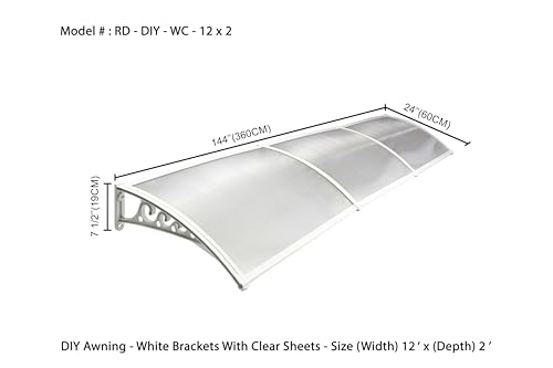 Image of CHENNAI Window Blinds and Shades DIY Polycarbonate Awning (Engineered Plastic Brackets) Window Sunshade Door Weather Shed Rain Canopy Awnings - 12'Widthx2'Depth (White Brackets & Clear Sheets)