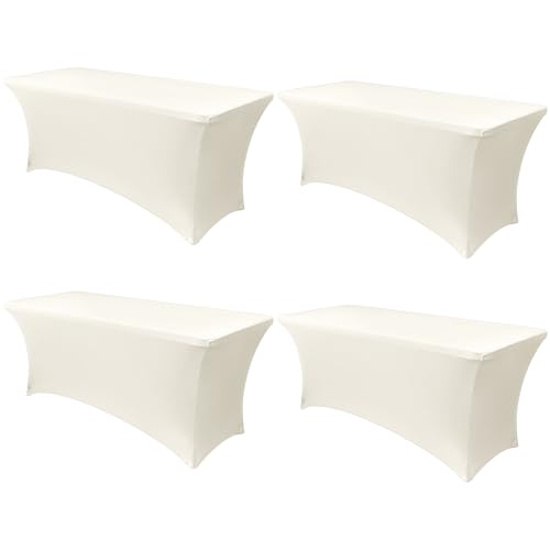 Image of Obstal 6ft Stretch Spandex Table Cover - 4 Pack Universal Rectangular Fitted Tablecloth Protector for Wedding, Banquet and Party (Cream, 72L x 30W x 30H Inches)
