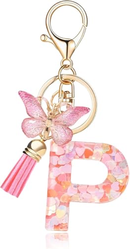 Image of GEOCARTER Lightweight Fashion Initial Letter Key Ring with Butterfly Pendant & Tassel, Stylish Purse Charm for Handbags, Car Keys, Gifts for Girls & Women