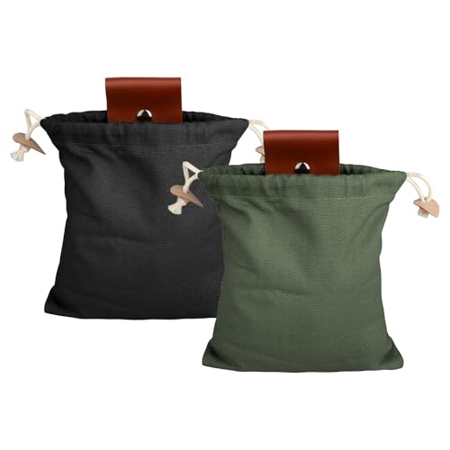 2er Pack Bushcraft Ausrüstung für Futtersuche, Pilzkorb Futtersack zum Wandern Faltbare Ledergürtelbeutel Foraging Kordelzug und Schnalle Mushroom Foraging Gürteltasche (Braun&Grün)