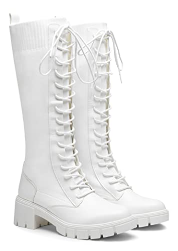 Jeossy Women's 9603 Knee High Boots For Women, Platform Chunky Heel Boots Lace Up Knitting Stretch Boot Allwhite Size 8.5(Djy9603 Allwhite 08.5) #TOP6