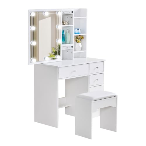 LEMROE Hollywood Makeup Table Set with Adjustable Brightness LED Lights White Dressing Table with Sliding Mirror and Stool for Home Bedroom, 7 Shelves, 5 Drawers