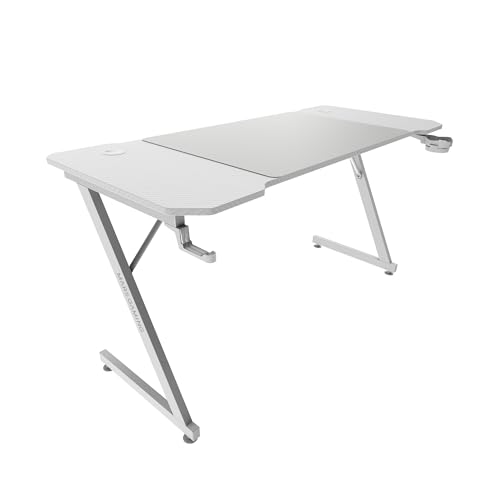 Mars Gaming MGD-X140, Bureau Gaming Ergonomique, Surface en Fibre de Carbone, Structure Métallique, Tapis de Souris XXL, Supports Casque et Boissons, Gestion des Câbles, Bureau Gaming 140x60cm, Blanc