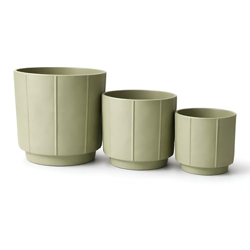 Image of Xtore Verde Ceramic Ribbed Planter Set | Soft-Tone Vertical Groove Plant Pots for Home & Office Decor - (Set of 3, Green, Planter ONLY)