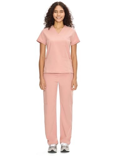COZYFIT Scrubs for Women Set Medical Uniform - V-Neck Top & Straight Leg Pants with 9 Pockets, Wrinkle-Resistant Unisex Workwear, Pink, 2XL - 7