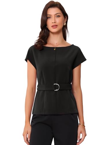 Allegra K Cap Sleeve Dressy Top for Women's Boat Neck Office Work Belted Peplum Tops