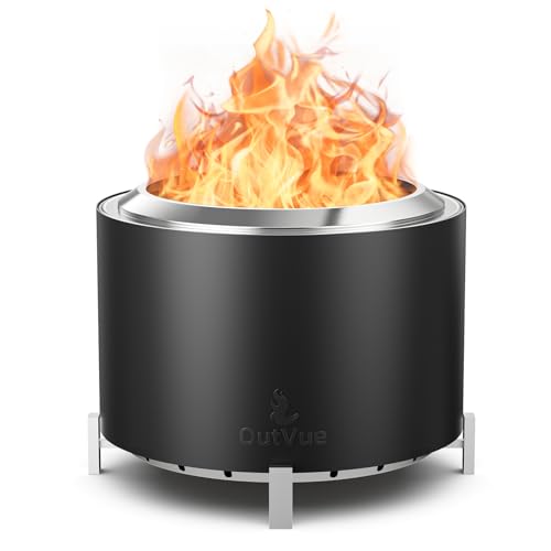 OutVue 27 inch Stainless Steel Smokeless Fire Pit Outdoor Smokeless Firepit Wood Burning Fire Pits for Camping Bonfire Low Smoke Firepit for Outside (Vertical Hole)