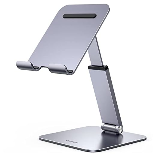 UGREEN Tablet Stand Holder for Desk Height Adjustable Aluminum Foldable Desktop Tablet Holder Wide Base Dock Multi-Angle Riser Compatible with 2024 iPad Pro 13 12.9, 11, 10.5 Air Mini 6 5, Grey