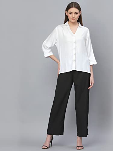 Image of Style Quotient Women Solid Navy Viscose Rayon Semi Formal Shirt