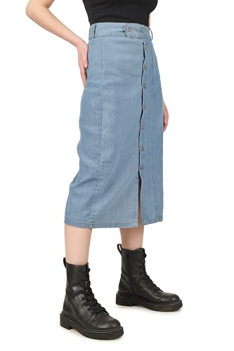 Image of Button Side Split Denim Long Straight Skirt for Women & Girls