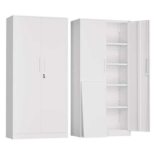Image of Greenvelly Metal Garage Storage Cabinet,Steel Lockable Storage Cabinet with 2 Doors and 4 Adjustable Shelves,Tall Metal Cabinet Locking File Cabinet for Office,Home, Garage, Gym, School
