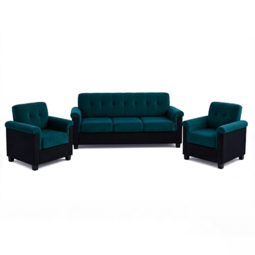Image of FURNY Woodswave 5 Seater Sofa Set with Velvet Fabric, 3+1+1+2 Puffy Sofa Set for Living Room (Teal-Black) Durable & Comfortable | Ideal for Living Room