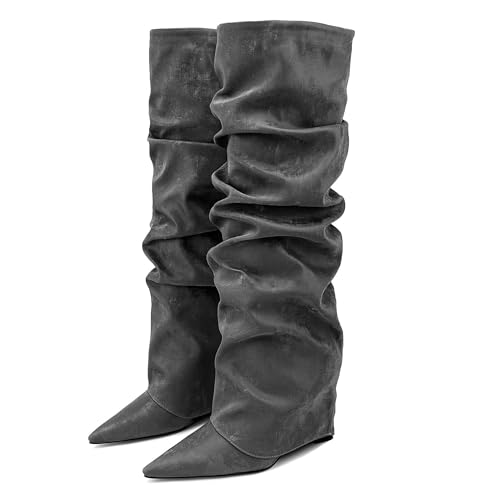 HEIDOUHEI Women's Knee-High Boots Pointed Toe Pleated Design Soft Pile