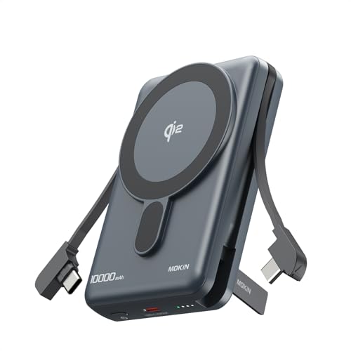 Portable Charger, 10000mAh Power Bank for Magsafe Qi2, Magnetic Battery Pack with Built in Cable & Stand, 20W USB C Fast Charging, Wireless Powerbank Compatible with iPhone 17 16 15 14 13 12 Serie