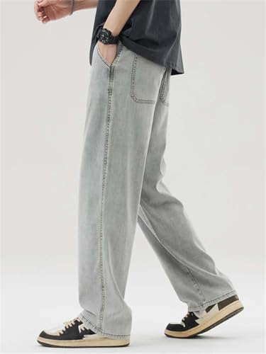 Hndudnff Men's Summer Thin Elastic Waist Jeans Loose Straight Elastic Drawstring Wide Leg Denim Long Pants4