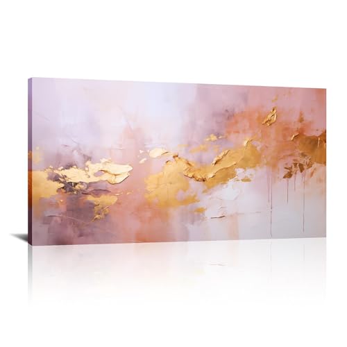 Décoration murale rose et or, toile abstraite 30x60 cm pour salon