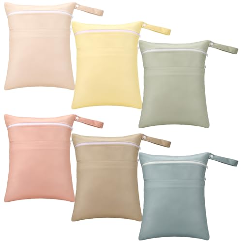 Image of Wesnoy 6 Pcs Wet Dry Bag with Two Zippered Pockets Waterproof Swim Gym Wet Bags for Reusable Washable Daycare Diaper Bag Organizing Pouches for Cloth Diapers Swimsuits Travel Beach Pool