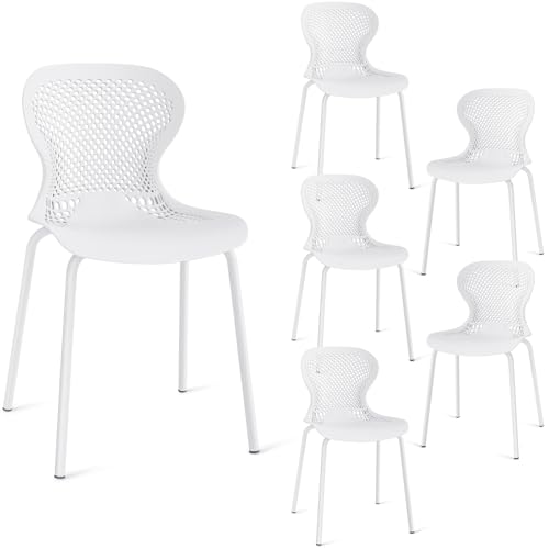 JIJIAN Pack de 6 Sillas de Jardín Apilables Blancas, Sillas de Comedor de Plástico con Patas de Metal, Sillas de Cocina para Jardín, Balcón, Comedor y Terraza