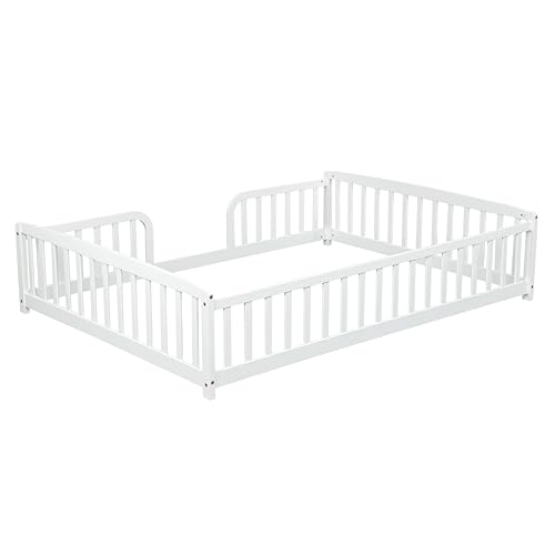 Image of Bellemave Full Size Montessori Floor Bed Frame with High Fence, Solid Wood Kids Floor Bed with Central Entrance, Low Profile Bed for Boys & Girls, Rounded Corner Design,White