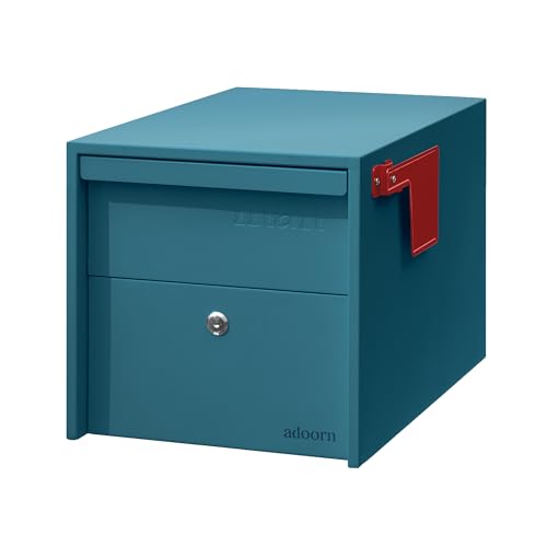 Adoorn Lockable Post Mount Mailbox | Small (Blue). Size 12 x 12 x 18.5 (HxWxD) Anti-Theft Locking Mailbox with 2 Keys, Modern Mailbox with Flag, Weatherproof Mailboxes for Outside