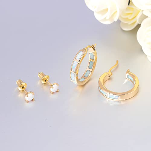 Cinily 2 Pairs Hoop Earring Set For Women Girls Yellow Gold Plated Opal Small Hoop Earring Hypoallergenic Opal Stud Earrings #TOP3
