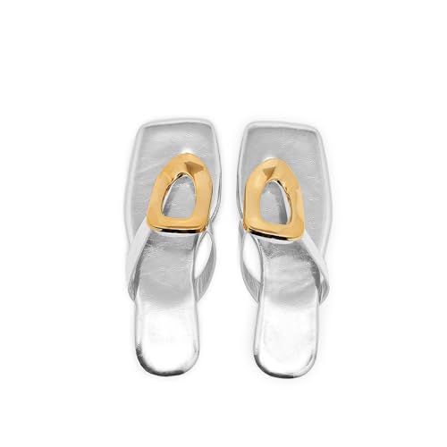 Women's Square Toe Flip Flops Thong Sandals Gold Buckle Dressy Summer Flat Shoes3