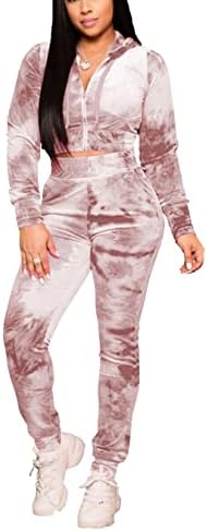 PINSV 2 Piece Outfits Velour Tracksuit For Women Zip Up Hoodie Velvet Jogging Sweatsuit Workout Sets Tie Dye Khaki L