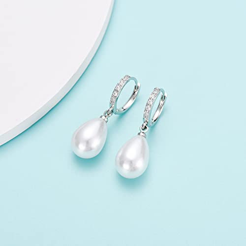 Epirora Sterling Silver Simulated Shell Pearl Hoop Earrings Cubic Zirconia Dangle Drop Earrings Jewelry For Women Girls 10Mm, Silver (Teardrop) #TOP3