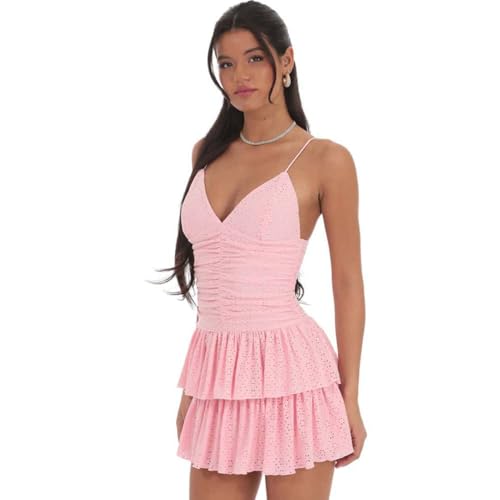 Image of YOXUA Women's Deep V-Neck Spaghetti Strap Casual Tiered Mini Dresses Summer Layer Ruffle Hem Short Dress