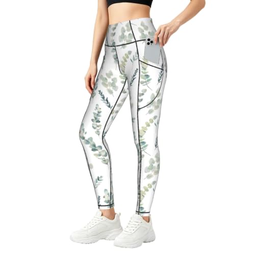 Pantalones de yoga para mujer con estampado de ramitas verdes y bolsillos laterales