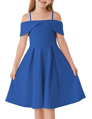 GRACE KARIN Girls Elegant Dress Off Shoulder High Waist Flared A-Line Casual Swing Dresses Dark Blue 14Y
