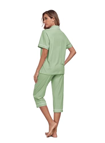 Image of COLORFULLEAF 100% Cotton Capri Pajama for Women Set Summer Short Sleeve Pj Sets for Women Cotton Sleepwear