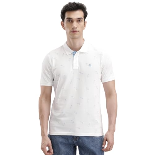 Image of WROGN Men's 240 GSM Cotton Pique Polo T-Shirt | White All-Over Print | Slim Fit