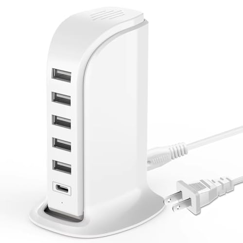 USB Charging Station for Multiple Devices 5 USB Ports + 1 Type C Multiport Charger Tower Compatible with Smartphones Tablets and Other Devices