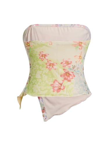 Image of Milumia Girl's Floral Ruched Tube Top Strapless Lettuce Trim Split Hem Bandeau Tops