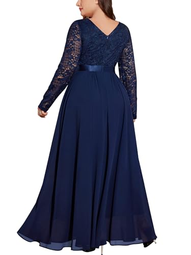 MISSMAY Women's Plus Size Floral Lace V Neck Rhinestone Ribbon Waist Chiffon Formal Bridemaid Maxi Dress2