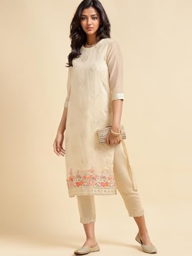 Image of rangita Off White Chanderi Embroidered Straight Kurta with Pant | Kurta Set for Women