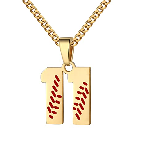 Hatti Doris Baseball Number Necklace for Men 00-99 - Jersey Number Necklace with Stainless Steel Gold Plated Chain & Baseball Charm Pendant
