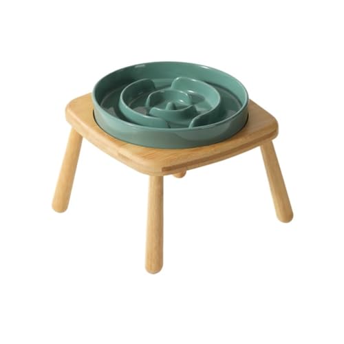 猫 犬 エサ台 猫食器 犬食器 ペットの食器 浅広口タイプ ペット 食器スタンド フードボウル 水ボウル 犬 猫用 セラミックREENEWボウル 陶器碗 木製 陶器製皿 食べやすい斜め餌台面 ペット用品 (21cmシングルボウル,濃い緑色)