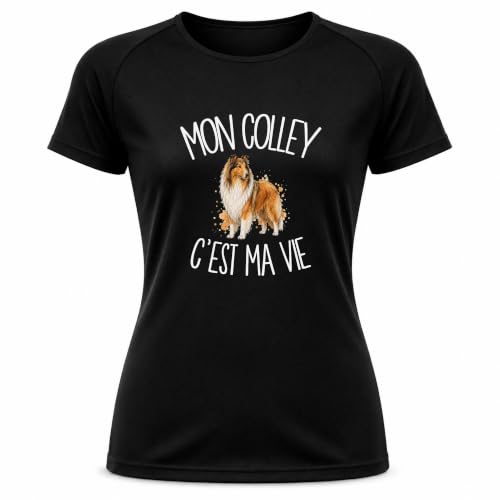 T-Shirt de Sport Femme Noir Mon Colley C'est ma Vie | Polyester Respirant 140 g/m² Manches Raglan Dos Long Taille XS | Running Musculation Fitness Salle
