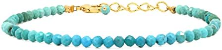 Gempires Natural Turquoise 3.5 mm Beads Bracelet, 14k Yellow Gold Plated, Green Beads Bracelet For Women, Handmade Jewelry 7 + 1 Inch Adjustable Chain (Turquoise)