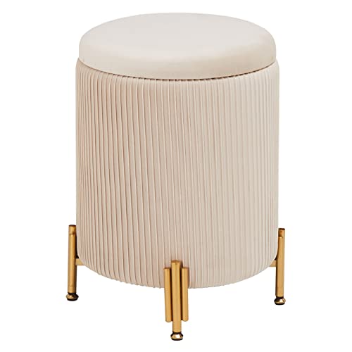 Mxfurhawa Round Ottoman Foot Stool with Storage and Metal Legs for Living Room Bedroom, Velvet Upholstered Footrest Stool Support 300lbs Modern Padded Seat Ottoman Coffee Table (Beige)