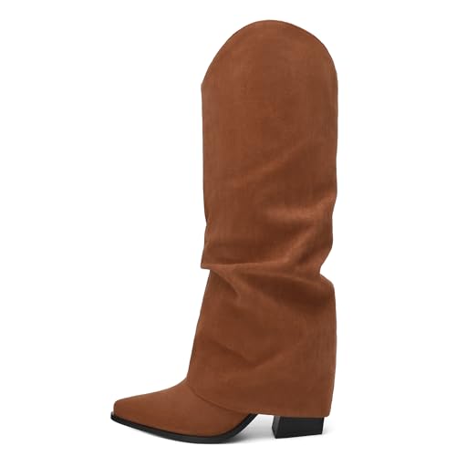 Roserwish Women's Slouchy Knee High Boots - Fold Over Mid Calf, Wide Calf, Pointed Toe, Chunky Heel, Pull-On Fall Winter Dress Shoes2