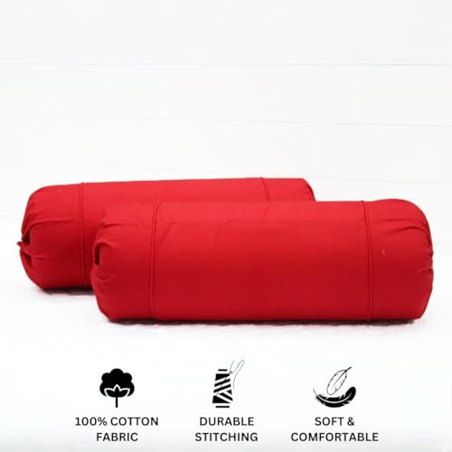 Image of AURAVE Cotton 210 TC Bolster Cover with Drawstring Closure, Set of 2, Soft Breathable Durable Machine Washable for Sofa Bed & Home Decor, 15 inchx30 inch Red | Cover Only