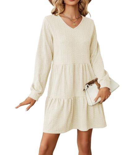 LYTHMER Womens Casual Fall Tunic Dress Flowy Swing Tiered Dress Long Sleeve V Neck Loose Fit Dress Apricot XL — view 4