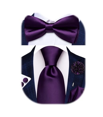 Image of Hi-Tie 5Pcs Mens Solid Color Silk Tie Satin Pretied Bowtie Lapel Pin for Men Handkerchief Cufflink Wedding Gift Box