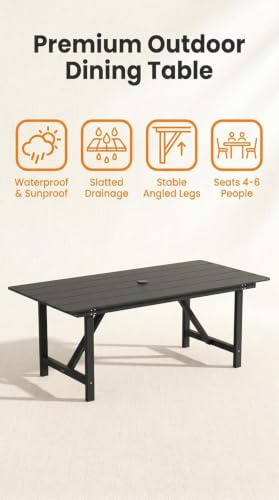Image of Amopatio HDPE Patio Outdoor Dining Table for 6 All Weather Rectangular Table with Umbrella Hole for Porch Deck Garden Backyard Poolside