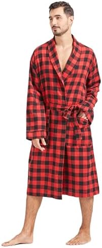 FashGudim Mens Buffalo Plaid Cotton Robe Lightweight Bathrobe Shawl Collar Kimono Sleepwear Loungewear House Robes - Image 2