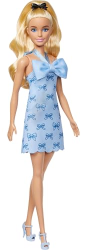 Barbie Fashionistas Doll #237 with Wavy Blonde Ponytail Wearing Blue Bow Halter Dress, Black Hair Bow Accessory and Matching Blue Heels