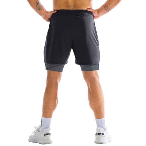 BROKIG Men's Liner Gym Shorts, Lightweight Sport Running Training Tennis Exercise Short with Zip Pocket (Large, Black)